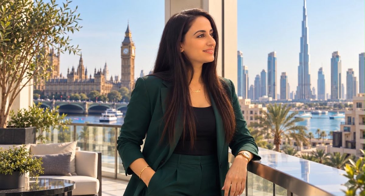 Mehak Butt, Founder and CEO of MKB, on a terrace with the London and Dubai skylines behind her